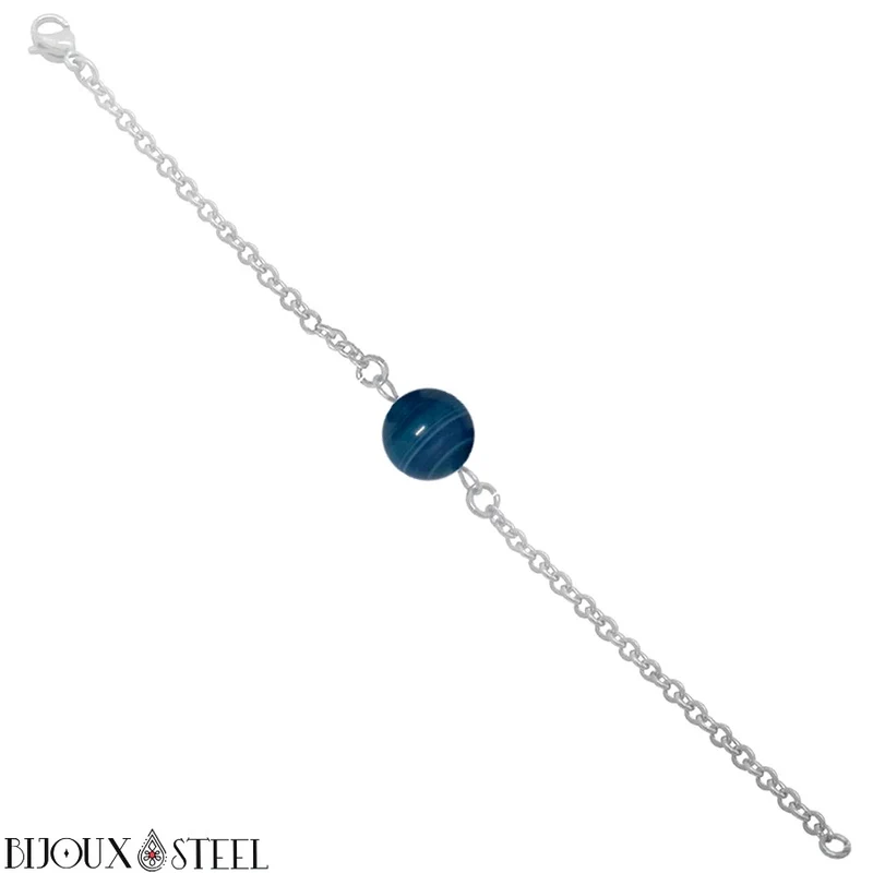 Bracelet à perle d'agate bleue en acier inoxydable