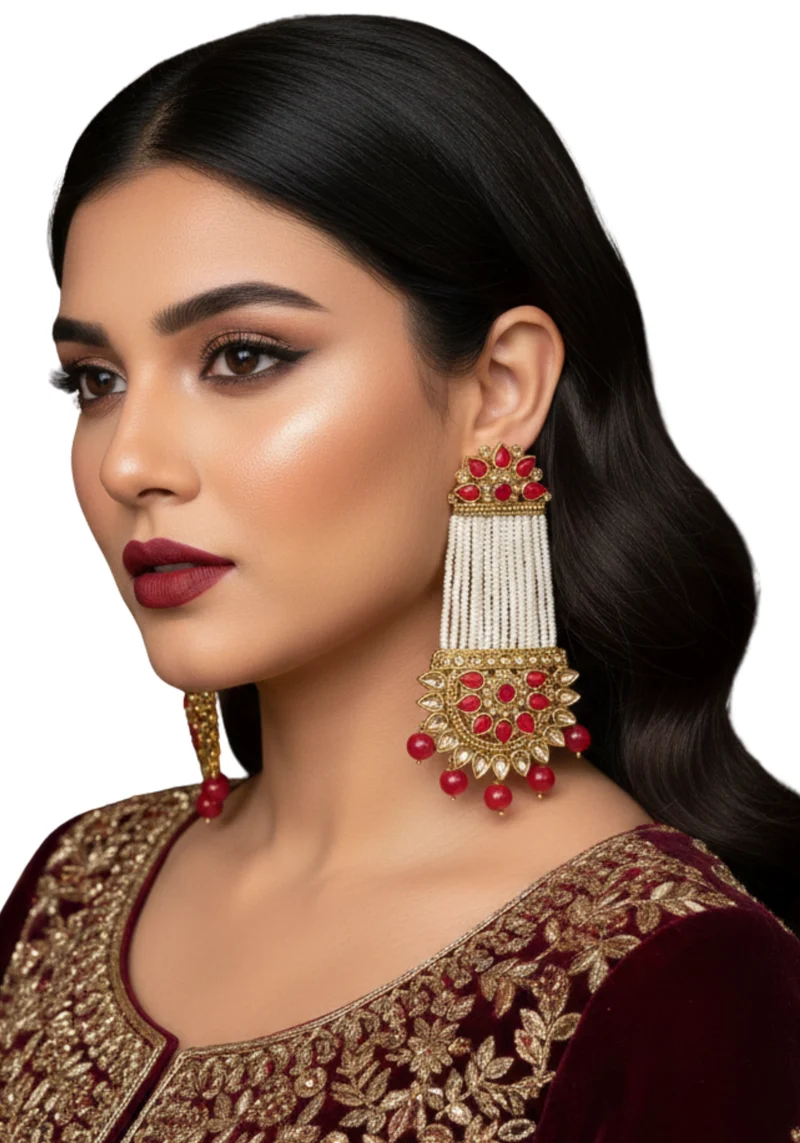 Boucles Indiennes Longues Sripriya – Rouge & Perles