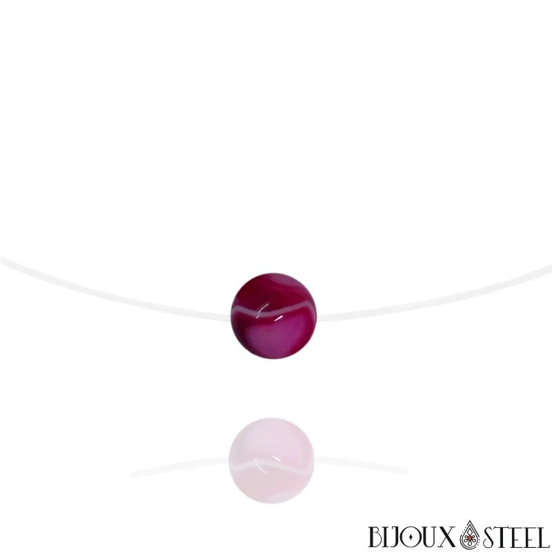 Collier à perle d'agate magenta sur fil de nylon