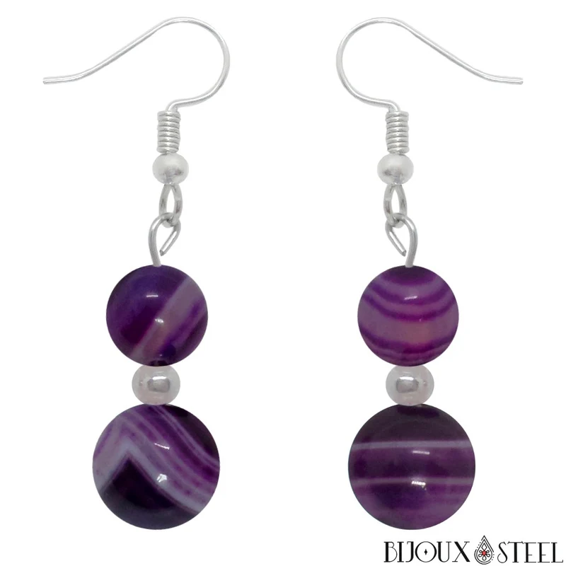 Boucles d'oreilles pendantes doubles perles d'agate violette