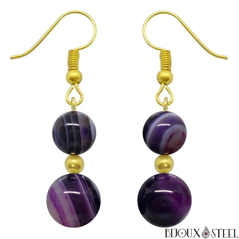 Boucles d'oreilles pendantes doubles perles d'agate violette