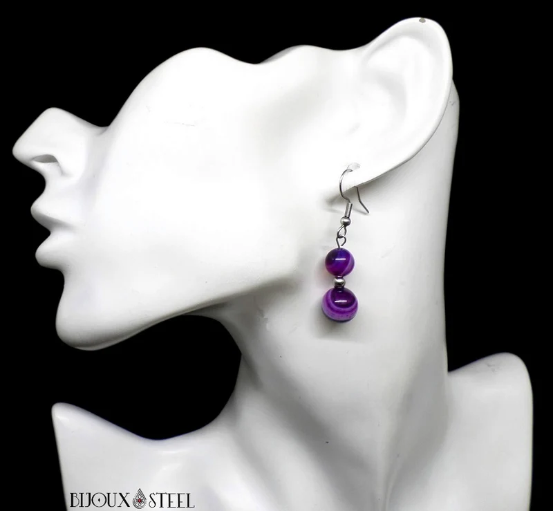 Boucles d'oreilles pendantes doubles perles d'agate violette
