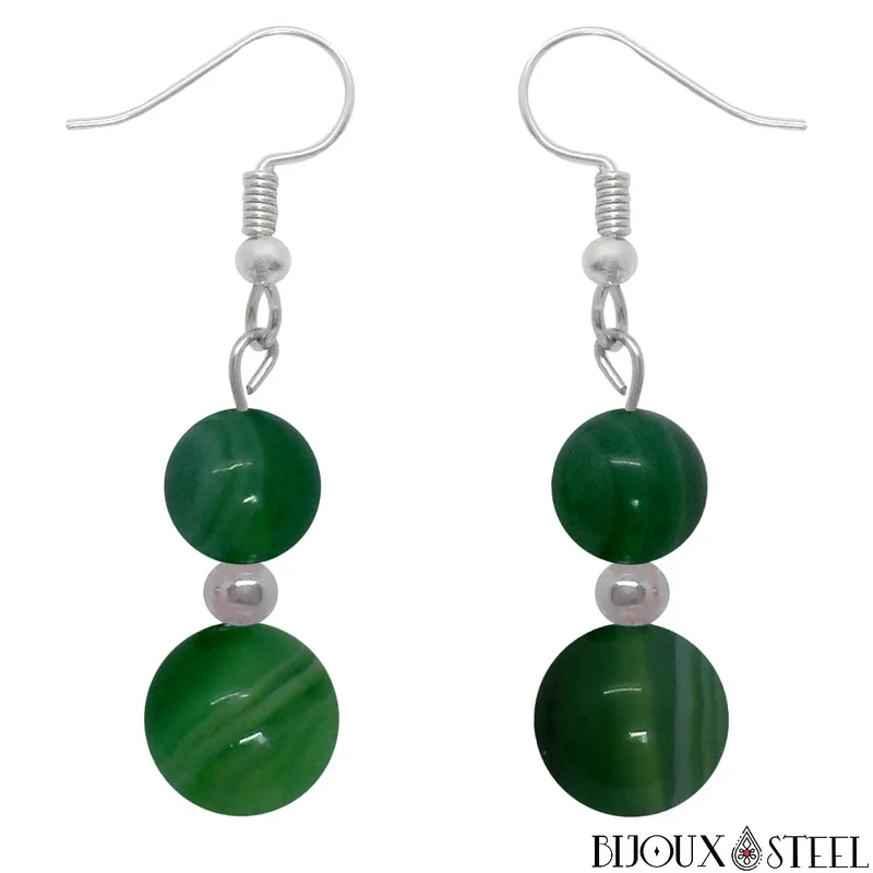 Boucles d'oreilles pendantes doubles perles d'agate verte