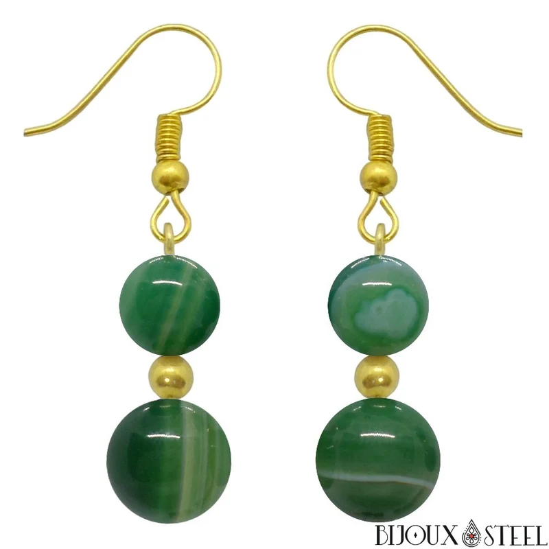 Boucles d'oreilles pendantes doubles perles d'agate verte