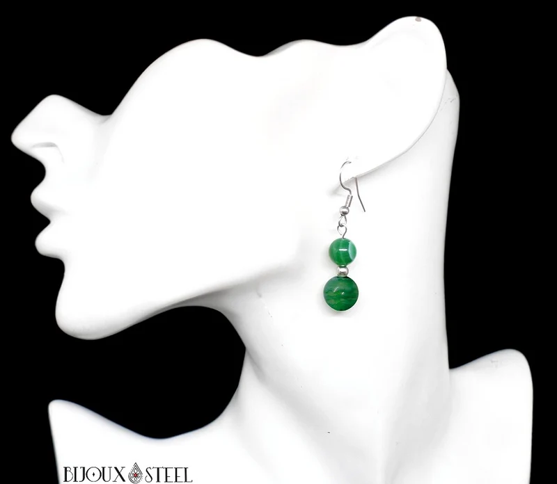Boucles d'oreilles pendantes doubles perles d'agate verte