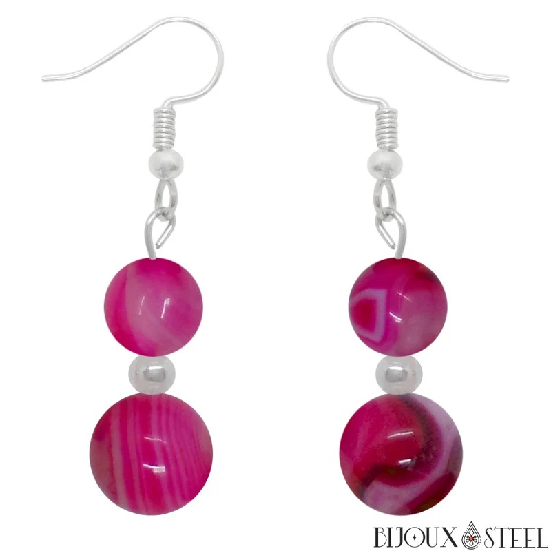 Boucles d'oreilles pendantes doubles perles d'agate magenta