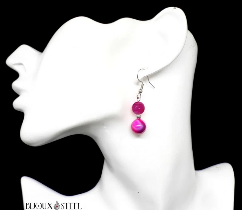 Boucles d'oreilles pendantes doubles perles d'agate magenta