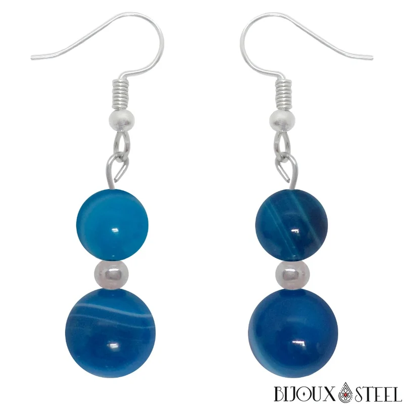 Boucles d'oreilles pendantes doubles perles d'agate bleue