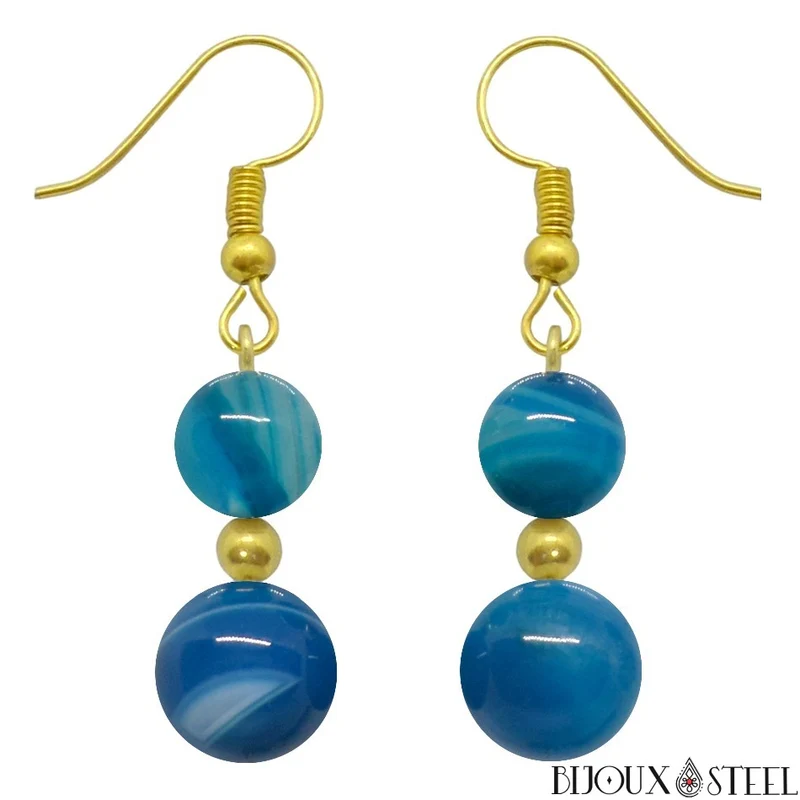 Boucles d'oreilles pendantes doubles perles d'agate bleue
