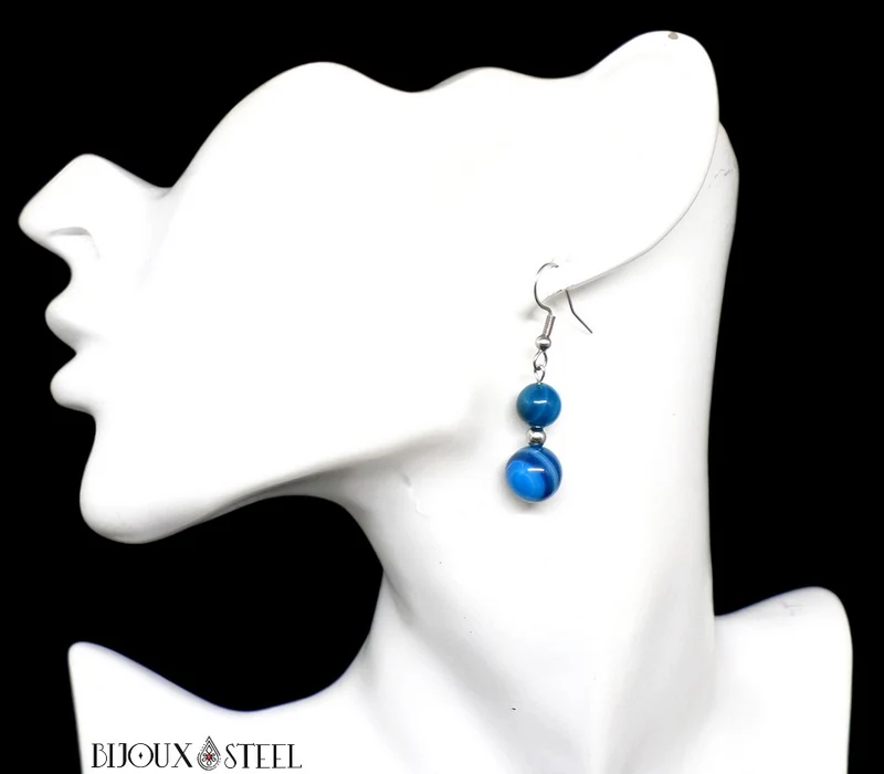 Boucles d'oreilles pendantes doubles perles d'agate bleue