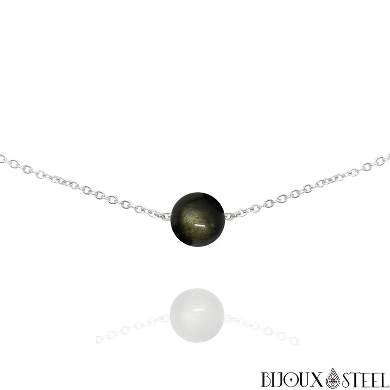 Collier à perle d'obsidienne dorée en acier inoxydable