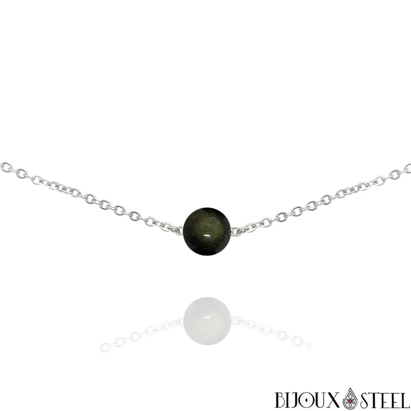 Collier à perle d'obsidienne dorée en acier inoxydable