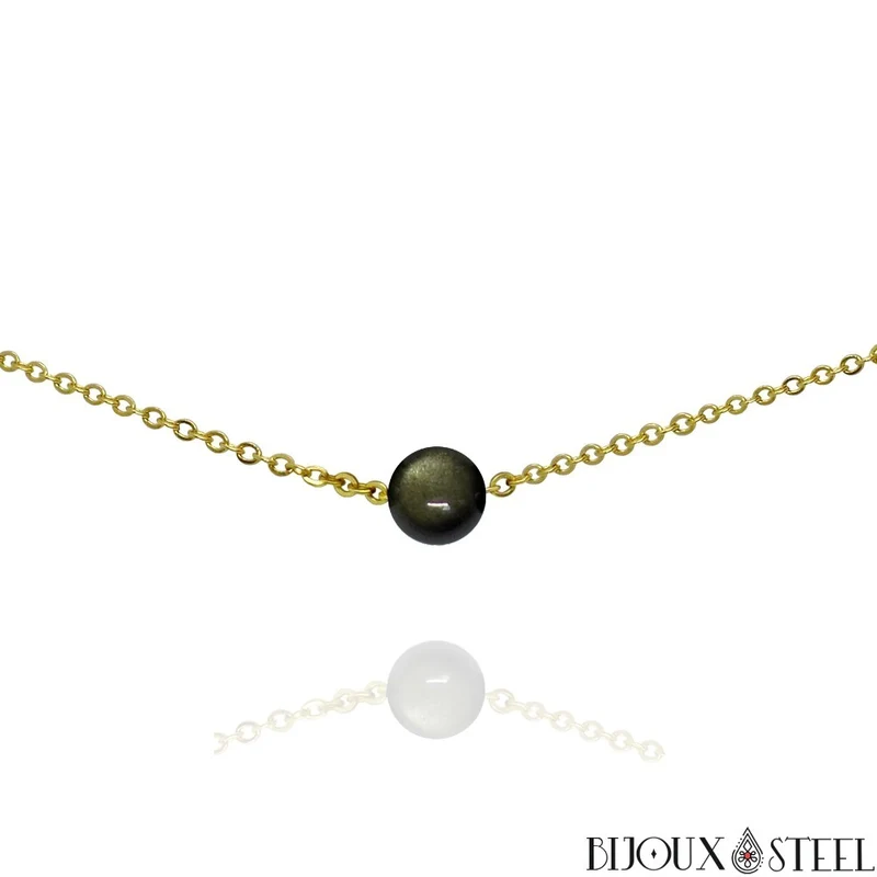 Collier à perle d'obsidienne dorée en acier inoxydable