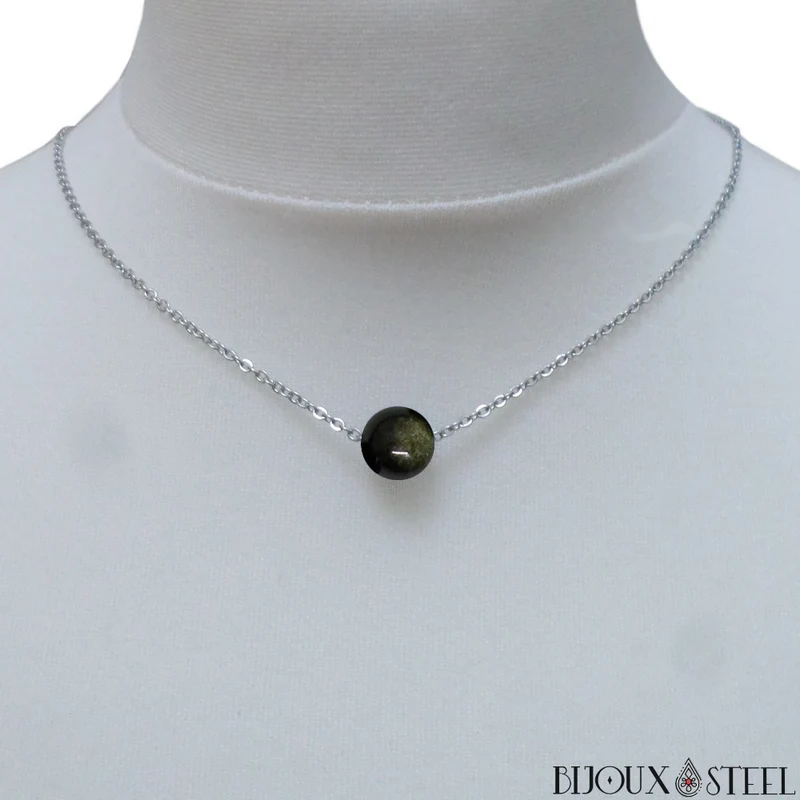 Collier à perle d'obsidienne dorée en acier inoxydable