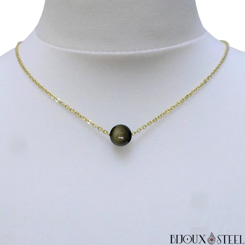 Collier à perle d'obsidienne dorée en acier inoxydable