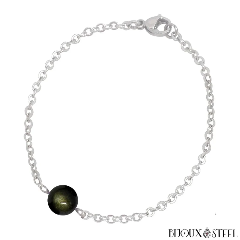 Bracelet à perle d'obsidienne dorée en acier inoxydable