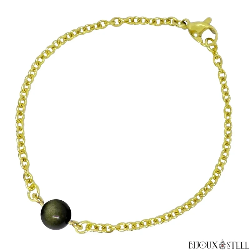 Bracelet à perle d'obsidienne dorée en acier inoxydable