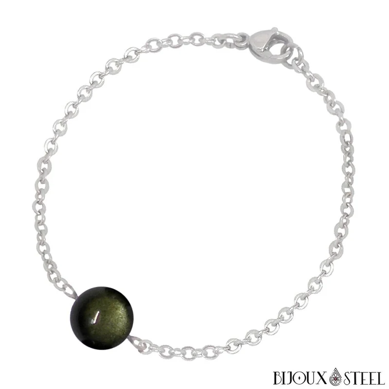 Bracelet à perle d'obsidienne dorée en acier inoxydable