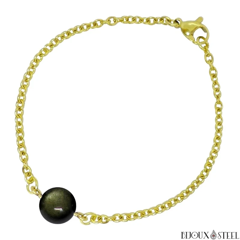 Bracelet à perle d'obsidienne dorée en acier inoxydable