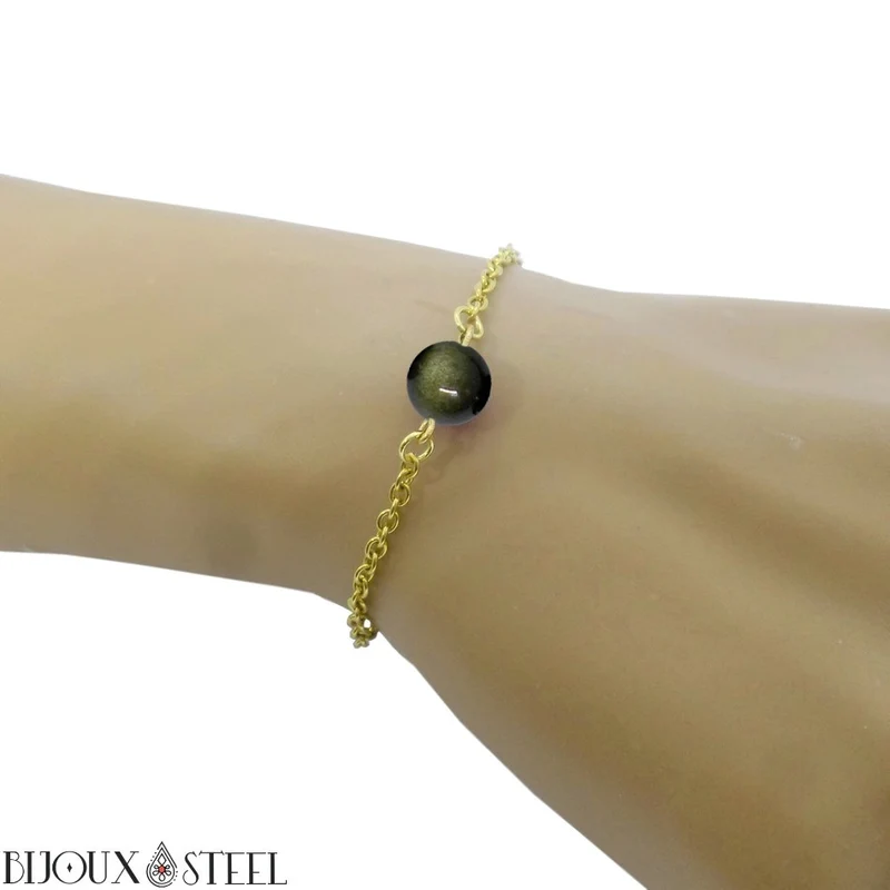 Bracelet à perle d'obsidienne dorée en acier inoxydable