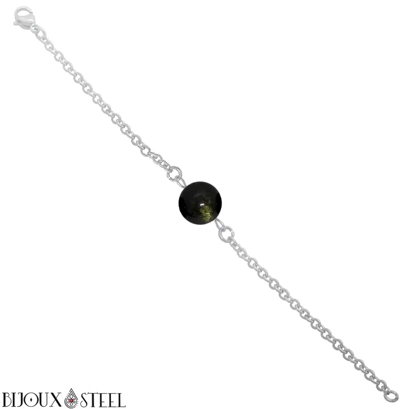 Bracelet à perle d'obsidienne dorée en acier inoxydable