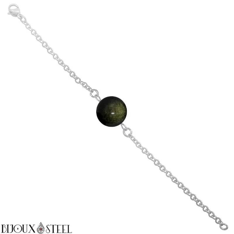 Bracelet à perle d'obsidienne dorée en acier inoxydable