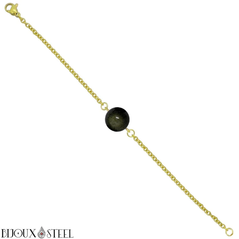 Bracelet à perle d'obsidienne dorée en acier inoxydable