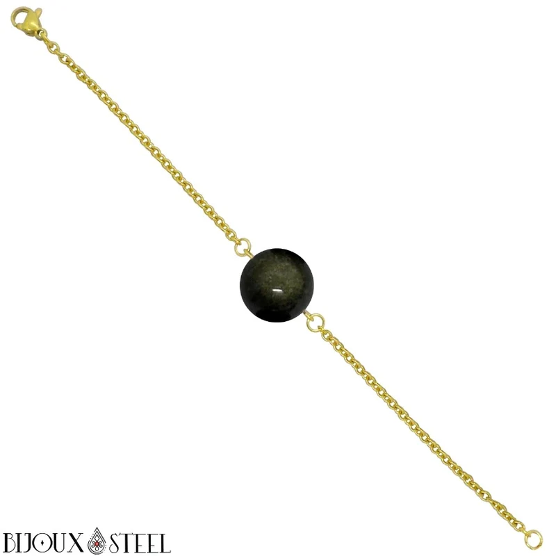 Bracelet à perle d'obsidienne dorée en acier inoxydable