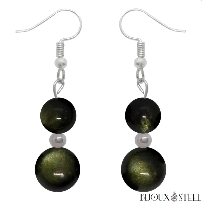 Boucles d'oreilles pendantes doubles perles d'obsidienne dorée
