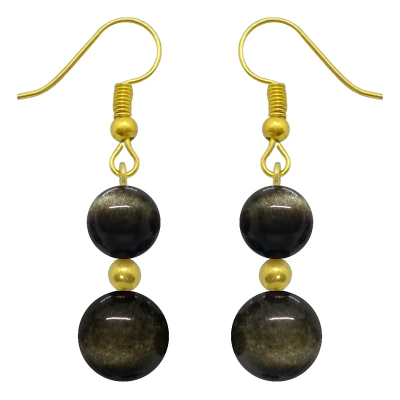 Boucles d'oreilles pendantes doubles perles d'obsidienne dorée