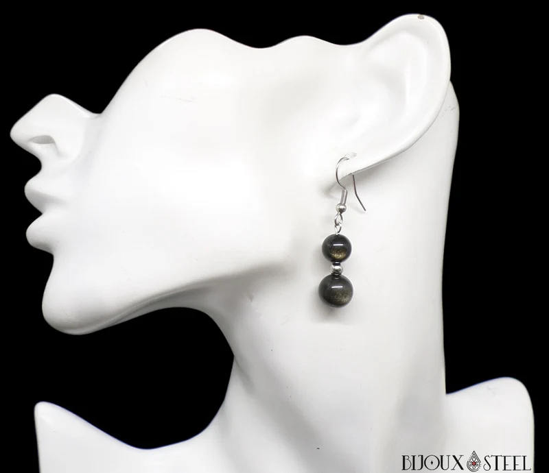 Boucles d'oreilles pendantes doubles perles d'obsidienne dorée