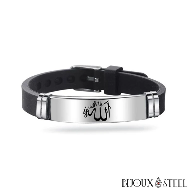 Bracelet homme islam Allah arabe sur plaque en acier chirurgical et silicone noir