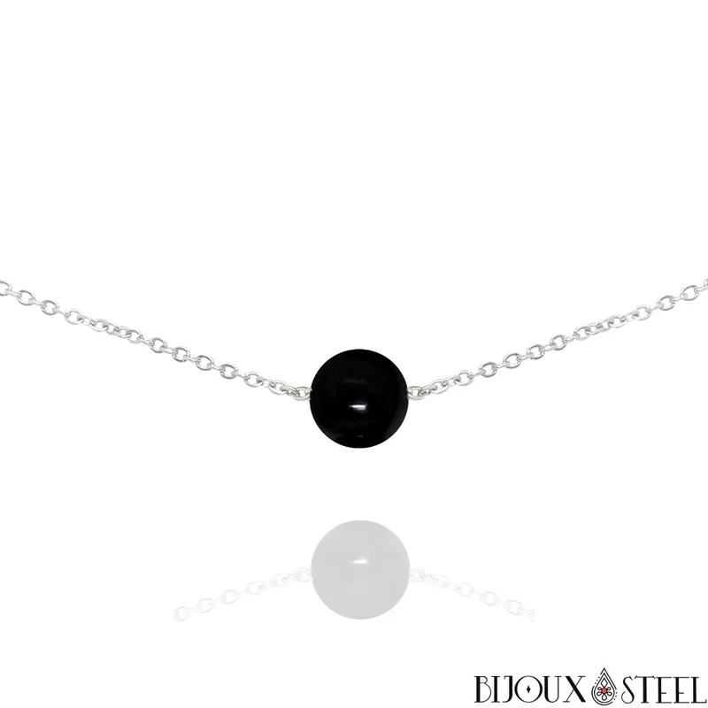 Collier à perle d'onyx noir en acier inoxydable