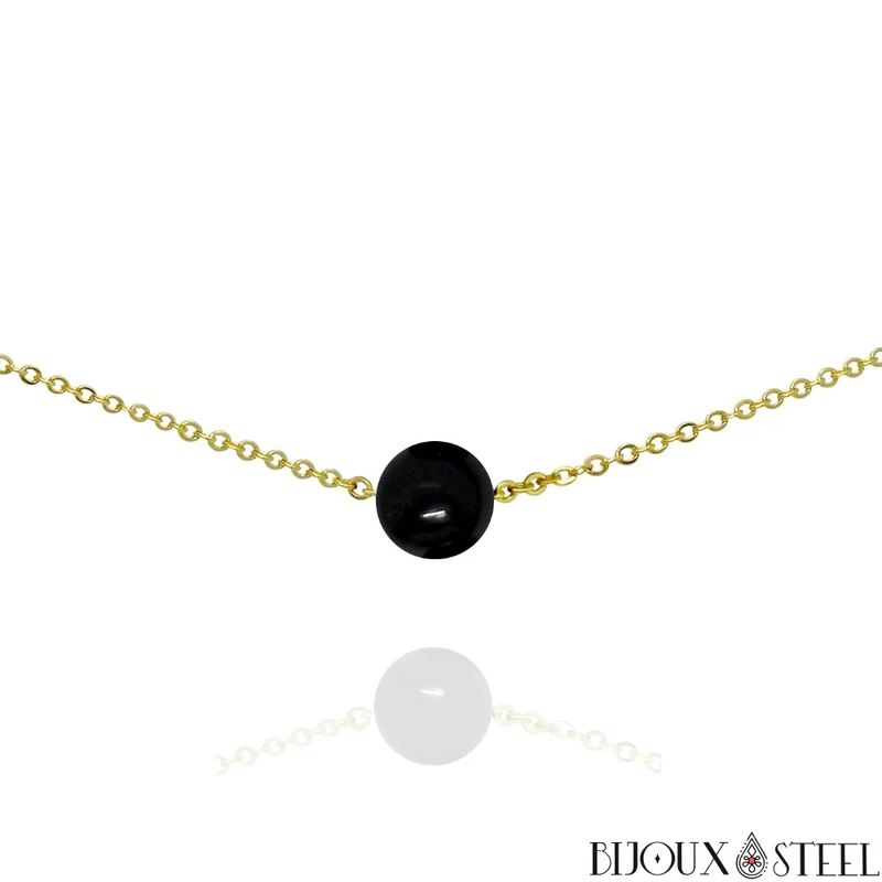 Collier à perle d'onyx noir en acier inoxydable