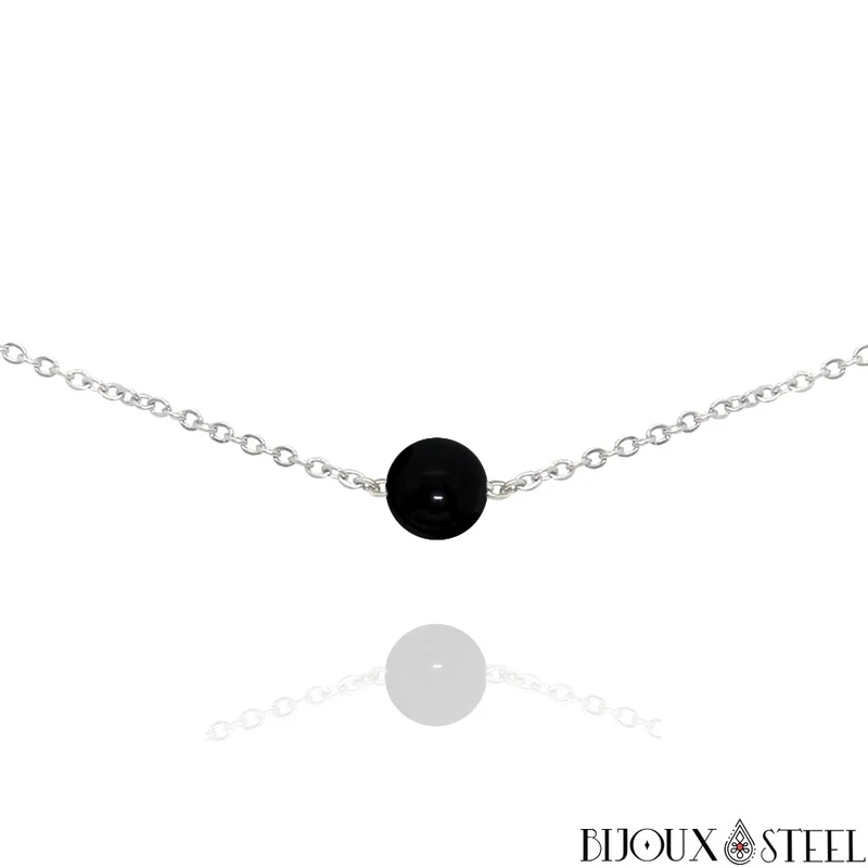 Collier à perle d'onyx noir en acier inoxydable