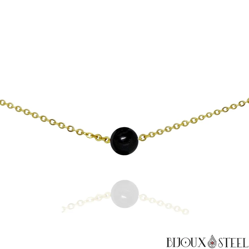Collier à perle d'onyx noir en acier inoxydable