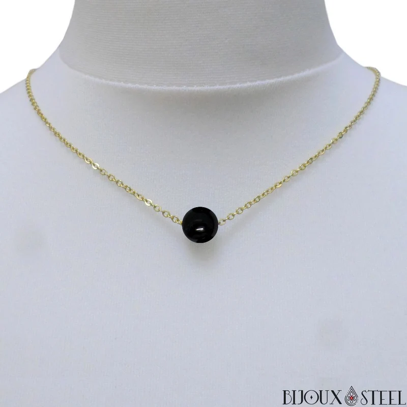 Collier à perle d'onyx noir en acier inoxydable