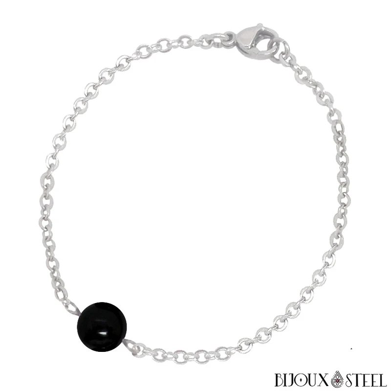 Bracelet à perle d'onyx noir en acier inoxydable