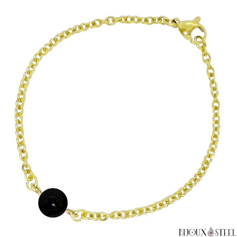 Bracelet à perle d'onyx noir en acier inoxydable