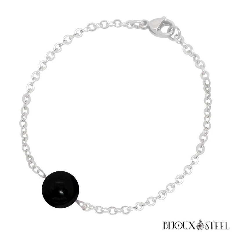 Bracelet à perle d'onyx noir en acier inoxydable
