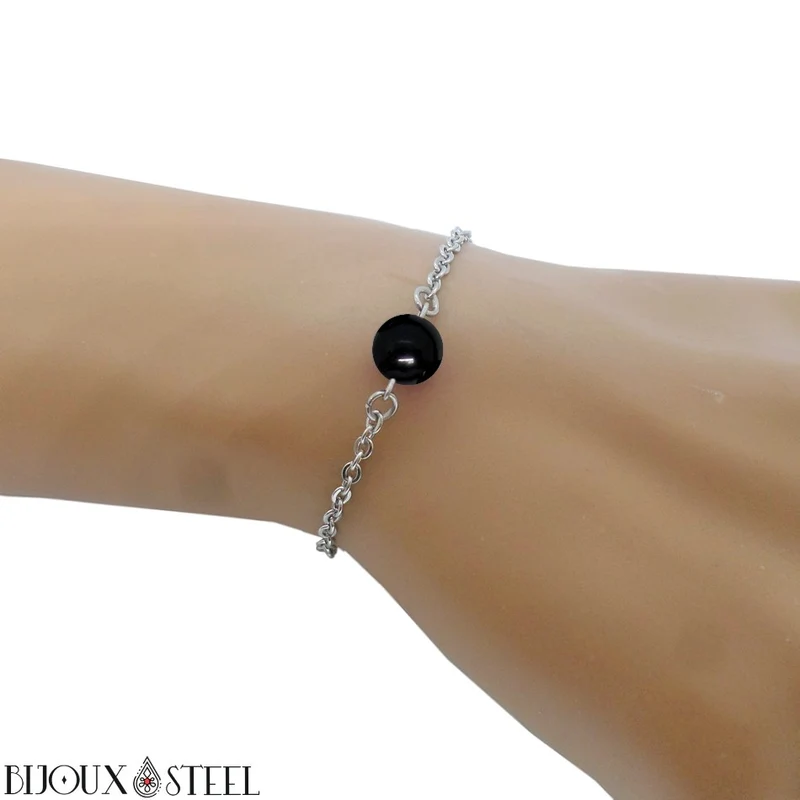 Bracelet à perle d'onyx noir en acier inoxydable