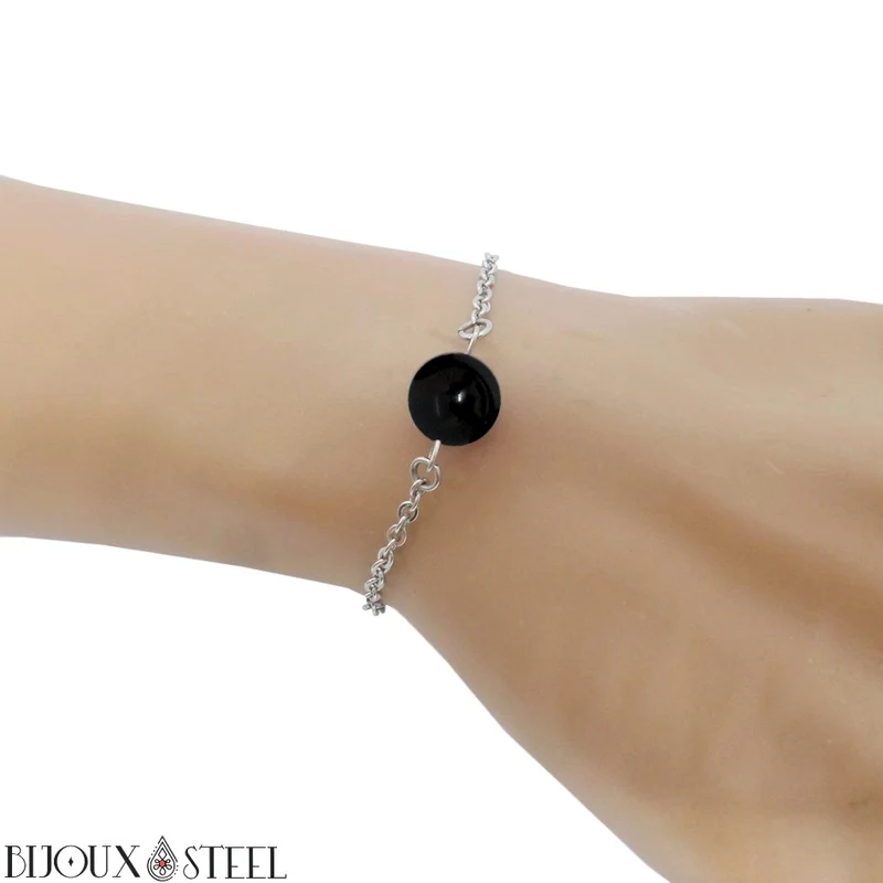 Bracelet à perle d'onyx noir en acier inoxydable