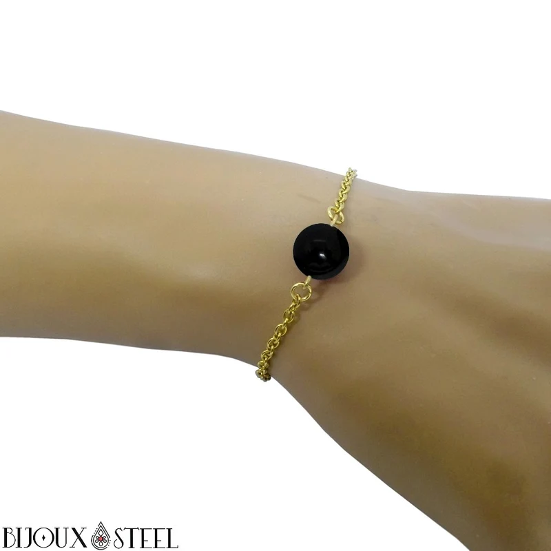 Bracelet à perle d'onyx noir en acier inoxydable