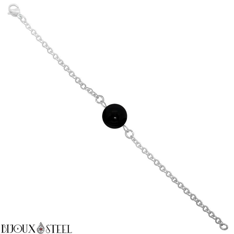 Bracelet à perle d'onyx noir en acier inoxydable