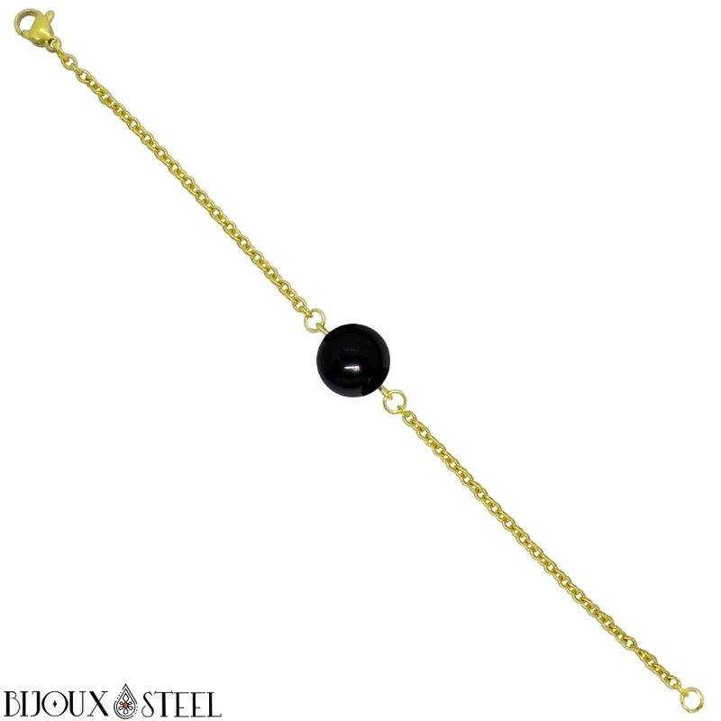 Bracelet à perle d'onyx noir en acier inoxydable