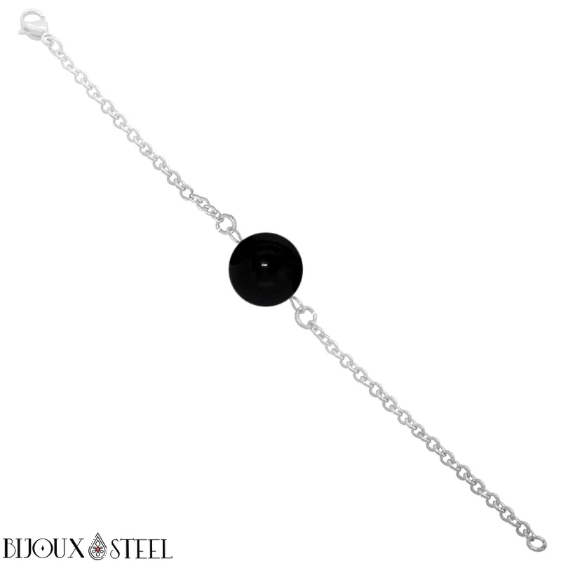 Bracelet à perle d'onyx noir en acier inoxydable