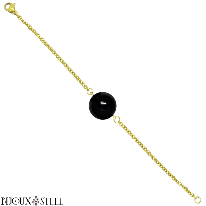 Bracelet à perle d'onyx noir en acier inoxydable