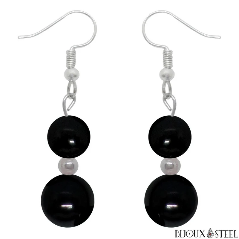 Boucles d'oreilles pendantes doubles perles d'onyx noir