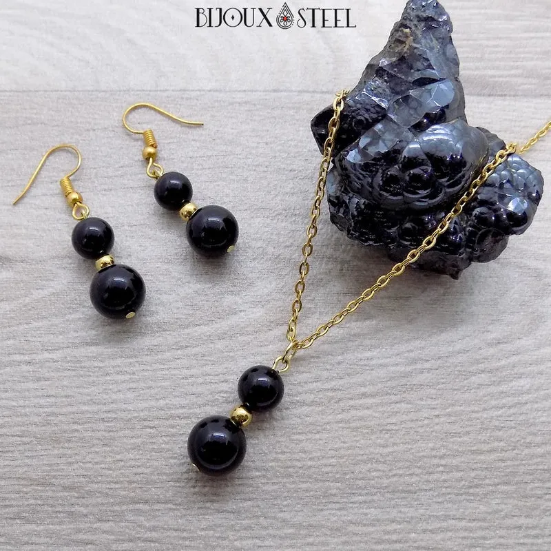 Boucles d'oreilles pendantes doubles perles d'onyx noir