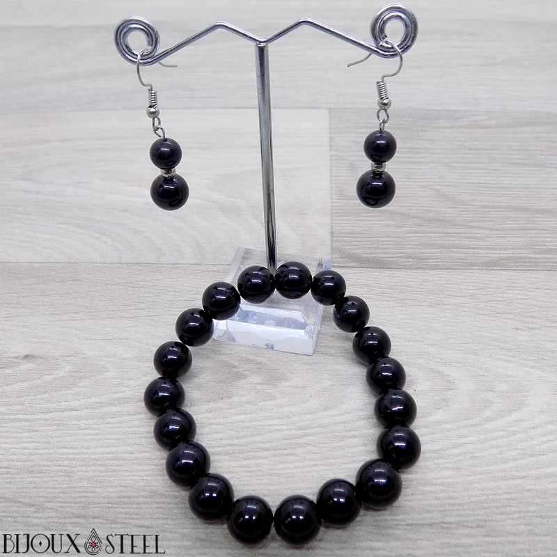 Boucles d'oreilles pendantes doubles perles d'onyx noir